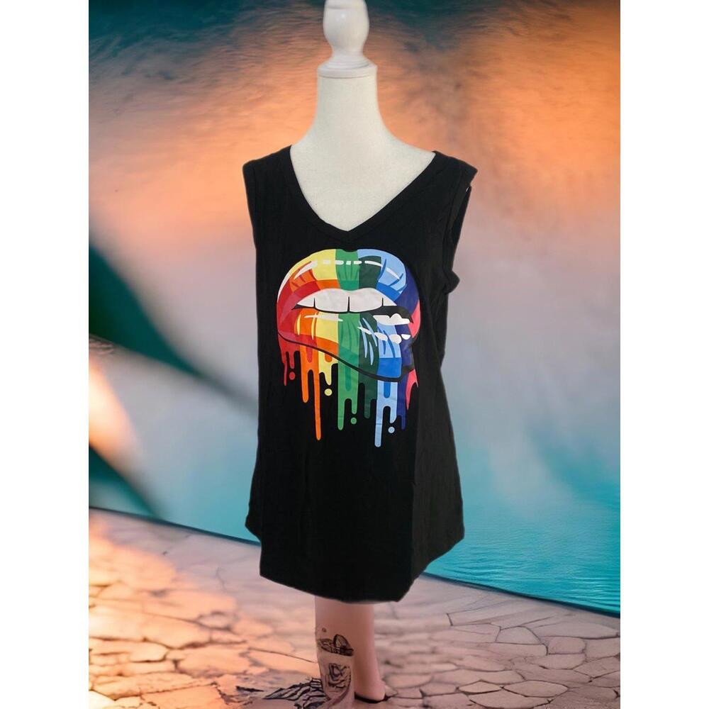 Trendy Graphic Tank Top w Colorful Lips Design-med-New(0045)